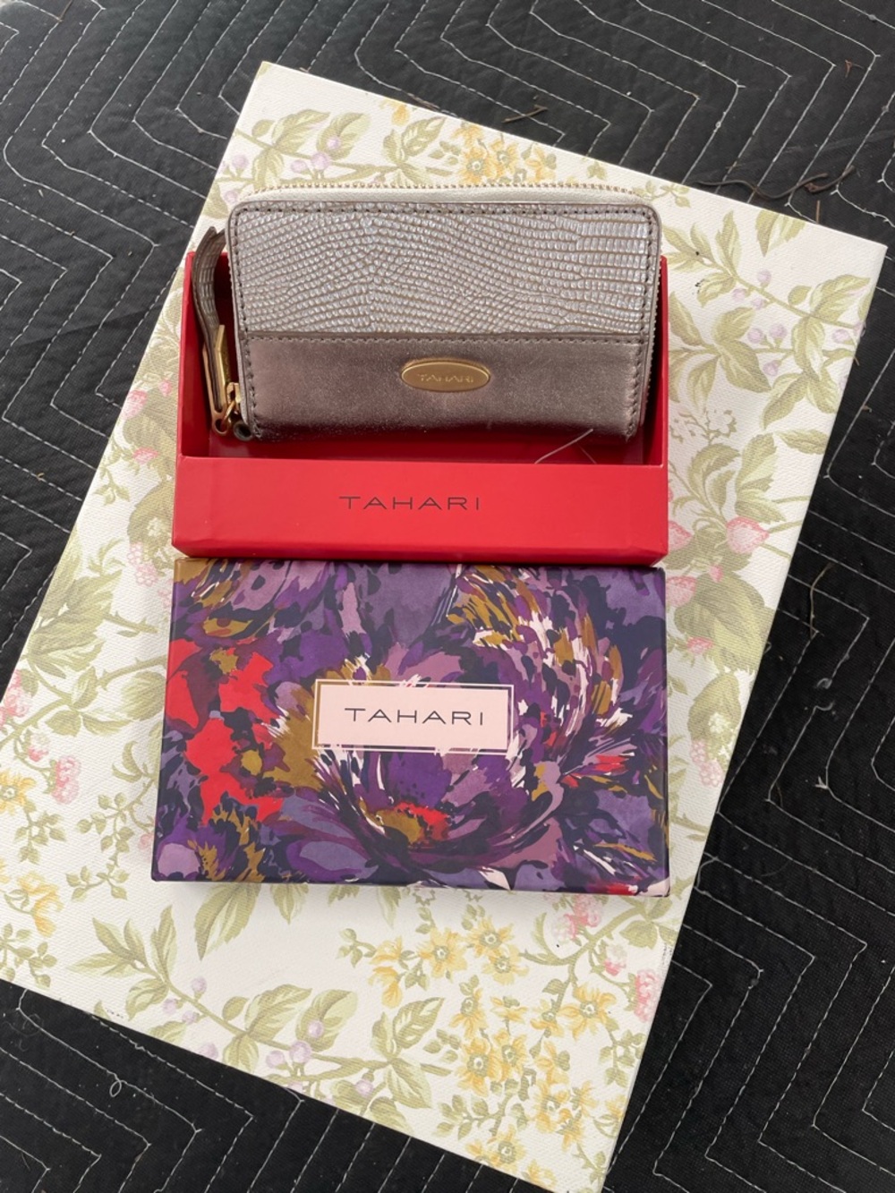 Tahari Taupe Metallic Textured Zip Wallet